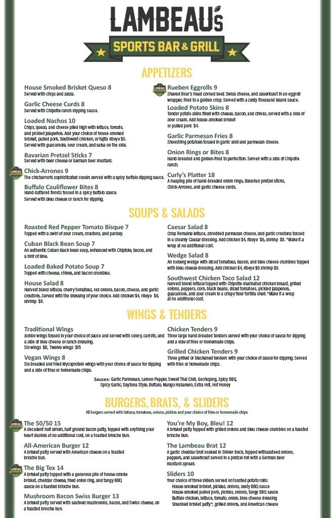Menu Lambeau’s Sports Bar & Grill